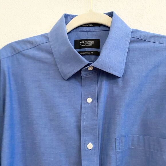 Nordstrom Mens Shop Blue Traditional Fit Non Iron Dress Shirt Sz 16 1/2 36 - Picture 2 of 13